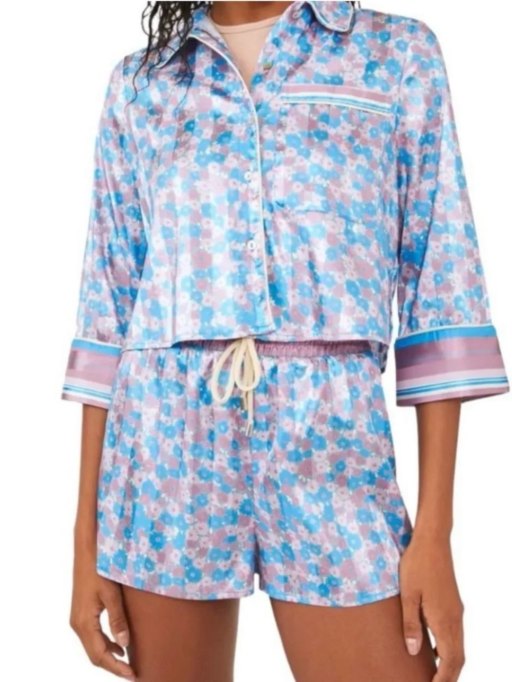 Free People Intimately Pillow Talk Satin Pajama Set Cool Lavender Combo Sz XS/S